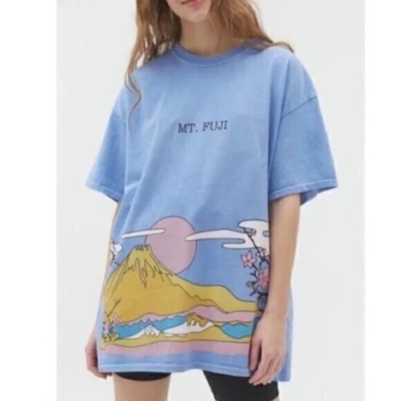 Urban Outfitters Tops - URBAN Outfitters Women's Blue Japan Mt. Fuji Oversized Shirt Size Small/Medium